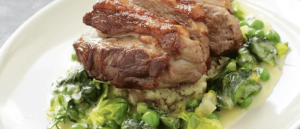 Chump of Lamb, Harissa Crushed Potatoes & with minted Peas & Lettuce in a Smoked Butter served
