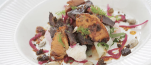 Wild Duck Gizzard, Heart & Liver Salad, Girolles, Pickled Veg, Sage & Black Garlic Crust served