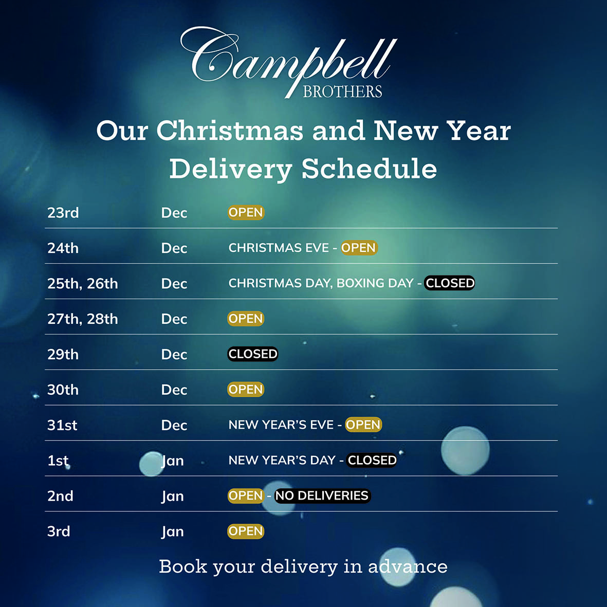 Christmas Delivery Schedule